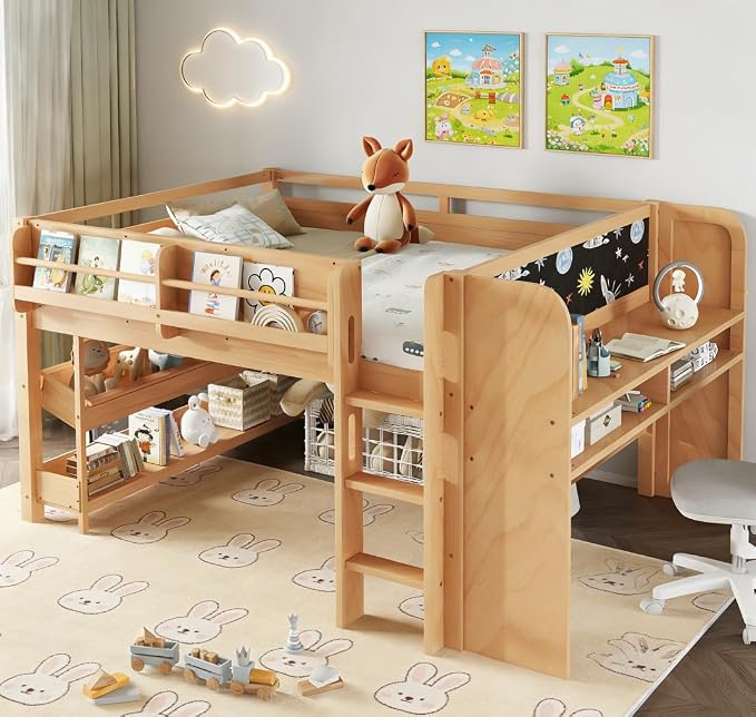 Bellemave Full Size Low loft Bed with Desk and bookcases, Boxes and Drawers for Kids,Wood Modern Farmhouse Kids Loft Beds with Shelf, Natural