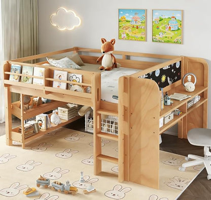 Bellemave Full Size Low loft Bed with Desk and bookcases, Boxes and Drawers for Kids,Wood Modern Farmhouse Kids Loft Beds with Shelf, Natural