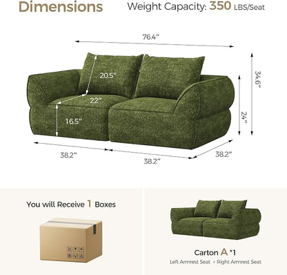 76.4" Cloud Loveseat Sofa, Deep Seat Couch with Pillows, Modern Comfortable Upholstery Boneless Sofa, 1 piece for Living Room, Bedroom, Apartment, Removable Cover，No Assembly Required, Algae Green