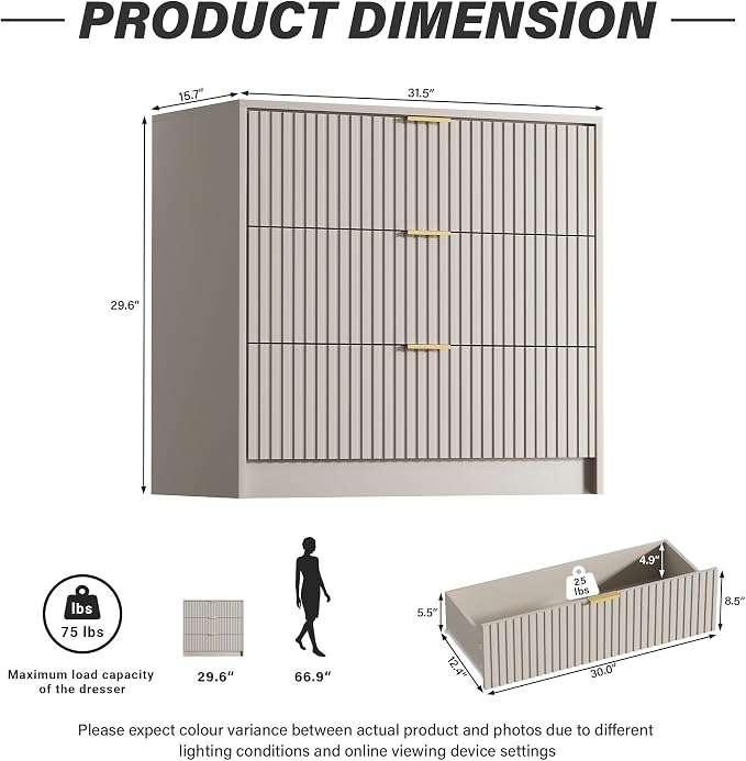 Furniway Beige Dresser for Bedroom, Modern Dresser with 3 Drawers and Smooth Slides, Wide Chest of Drawers with Golden Handles for Bedroom, Living Room, Closet, 15.7" D x 31.5" W x 29.6" H
