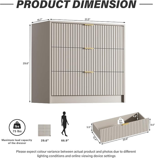 Furniway Beige Dresser for Bedroom, Modern Dresser with 3 Drawers and Smooth Slides, Wide Chest of Drawers with Golden Handles for Bedroom, Living Room, Closet, 15.7" D x 31.5" W x 29.6" H
