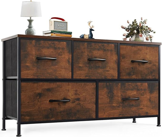 OLIXIS 5 Drawer Dresser for Bedroom, Wide Fabric Storage Tower, Brown | Closet Chest Organizer Furniture, TV Stand for Living Room, Wooden Top and Metal Frame