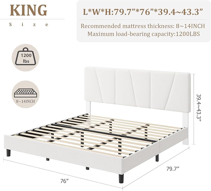GarveeHome King Size Bed Frame with Upholstered Headboard, Modern Fabric Platform Bed Frame with Wooden Slat Support, Adjustable Headboard, No Box Spring Needed, Noise-Free, for Bedroom