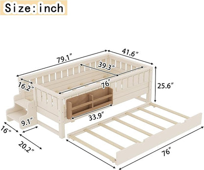 Bellemave Twin Size Kids Bed with high Rails and with Built-in Bookshelf and Trundle for Kids, Girls, Boys, Wood Montessori Bed Without Door, Beige