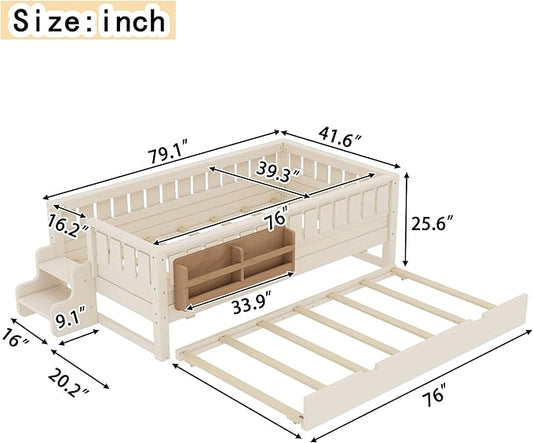 Bellemave Twin Size Kids Bed with high Rails and with Built-in Bookshelf and Trundle for Kids, Girls, Boys, Wood Montessori Bed Without Door, Beige