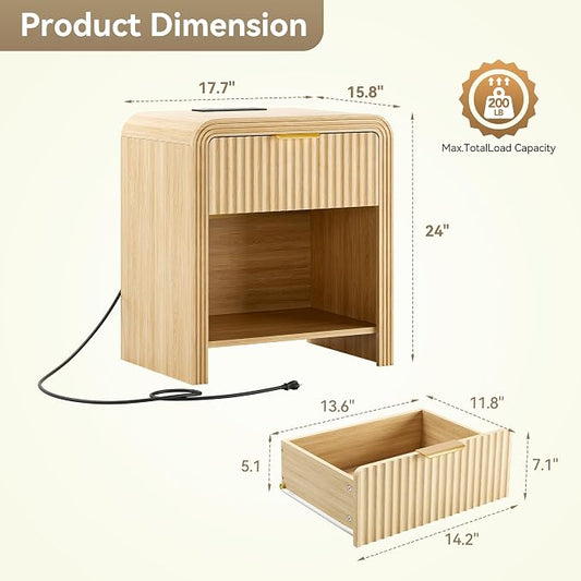 Decofy Fluted Nightstand with Charging Station, Modern Bedroom Side Table with Gold Handles, Curved Profile Design, End Table Wood Organizer for Bedroom, Open Shelf & 1 Drawers (1 Pack, Natural Oak)