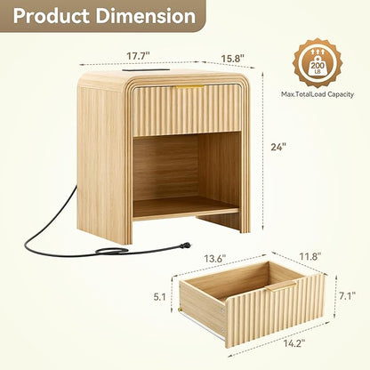 Decofy Fluted Nightstand with Charging Station, Modern Bedroom Side Table with Gold Handles, Curved Profile Design, End Table Wood Organizer for Bedroom, Open Shelf & 1 Drawers (2 Pack, Natural Oak)