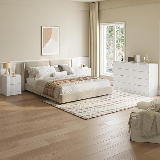 8 Drawer Dresser & Nightstand Set 3-Piece, 55” Wide Fluted Dresser and Night Stand Set of 2 with Metal Handle, Modern Wood Chest of Drawers Storage Dressers Set for Bedroom, White