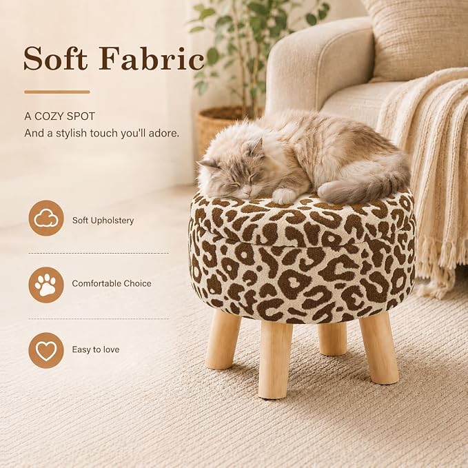 Wimarsbon Storage Ottoman, Modern Round Footrest with Soft Padded Seat, Pattern Velvet Footstool with Wood Legs, Accent Small Table or Plant Stand for Hallway, Living Room (Khaki)