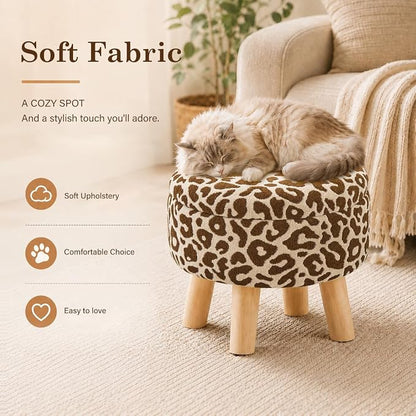 Wimarsbon Storage Ottoman, Modern Round Footrest with Soft Padded Seat, Pattern Velvet Footstool with Wood Legs, Accent Small Table or Plant Stand for Hallway, Living Room (Khaki)