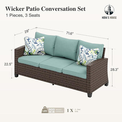 HERA'S HOUSE Outdoor Patio Sofa, 3-Seat Wicker Couch Loveseat, Deep Seating Furniture for Lawn Garden Porch Backyard, Blue