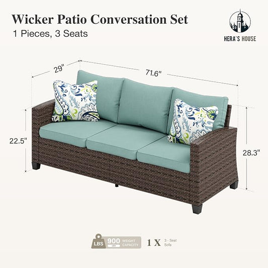 HERA'S HOUSE Outdoor Patio Sofa, 3-Seat Wicker Couch Loveseat, Deep Seating Furniture for Lawn Garden Porch Backyard, Blue