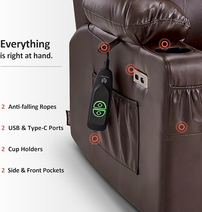 MCombo Power Lift Recliner Chair for Elderly, Lift Chair with Heat and Massage, FSC Certified, USB Ports, Cup Holders, Faux Leather 7141 (Dark Brown, Small)