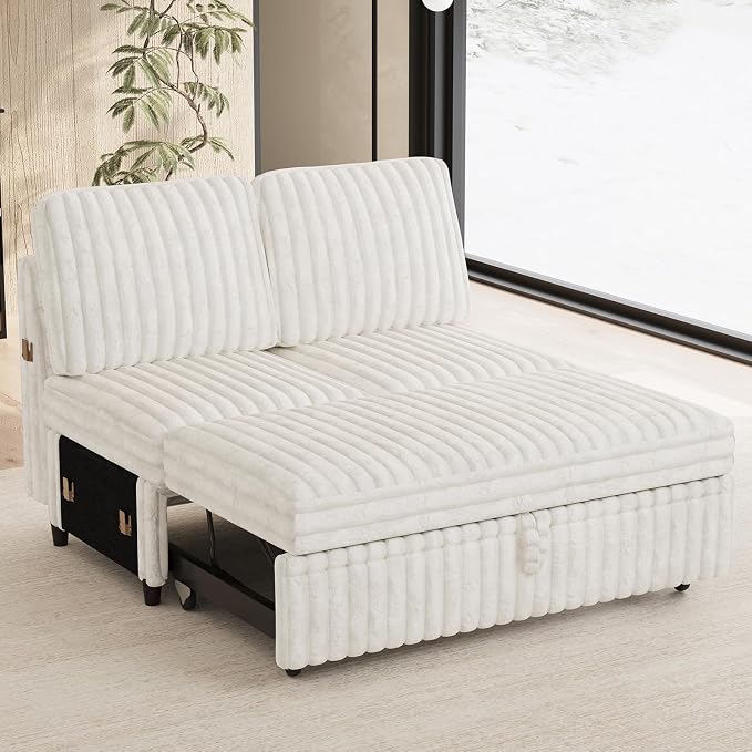 Belffin Corduroy Sleeper Sofa with Pull Out Bed Module Loveseat with Pullout Bed for Sectional Sofa Couch Beige Couch
