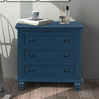 Merax Wood Nightstand with 3 Storage Drawers, Bedside End Table with Pull Out Tray, Blue (No Guide Rails)