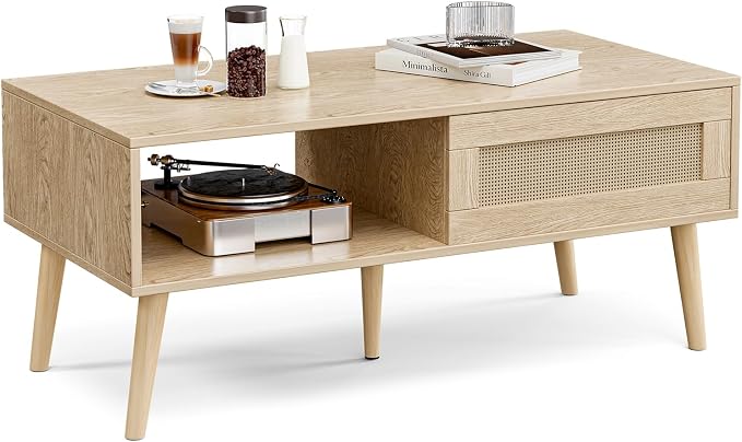 ZttRiee Rattan Coffee Table with Sliding Doors, Mid-Century, Natural | 39.4"L x 19.7"W x 16.5"H, 220 lbs capacity, 2 compartments, solid wood legs, ~30 min assembly