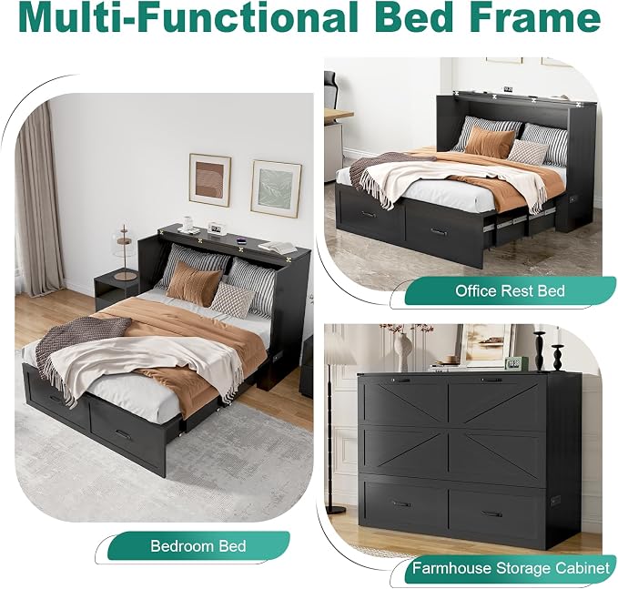 Hlivelood Full Size Murphy Chest Bed with Drawer and Charging Station, Farmhouse Wood Space-Saving Hidden Folding Bed Chest, Multifunctional Storage Cabinet Beds for Bedroom, Office, Black