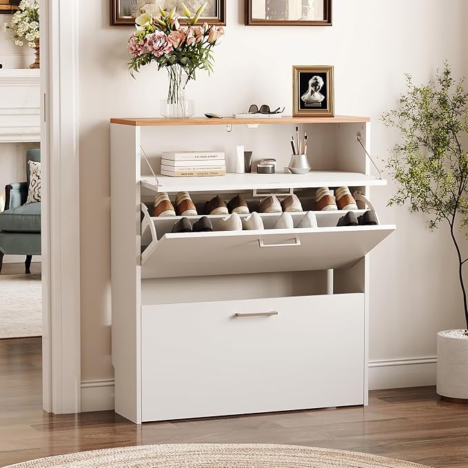 VINGLI Shoe Cabinet for Entryway, Slim Shoe Rack Storage Organizer with 3 Flip Drawers, Modern White Hidden Shoe Shelf with Oak Top, Narrow Free Standing Sneaker Cabinet for Hallway, 9.5" Depth