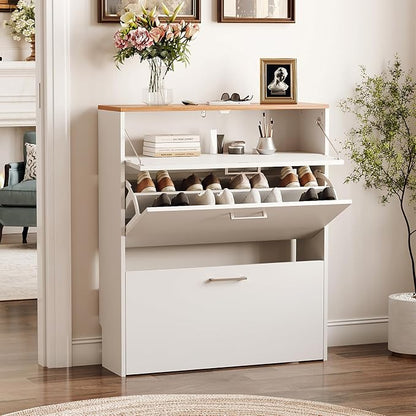 VINGLI Shoe Cabinet for Entryway, Slim Shoe Rack Storage Organizer with 3 Flip Drawers, Modern White Hidden Shoe Shelf with Oak Top, Narrow Free Standing Sneaker Cabinet for Hallway, 9.5" Depth