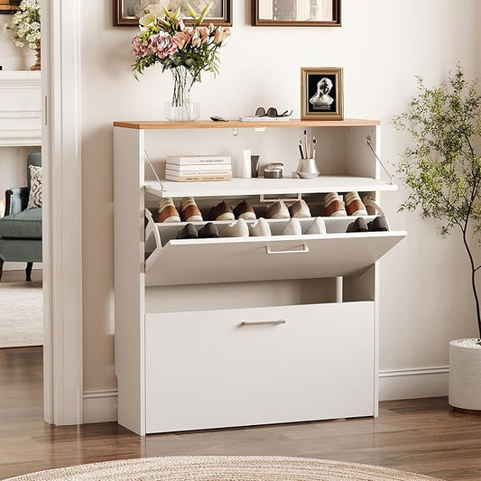 VINGLI Shoe Cabinet for Entryway, Slim Shoe Rack Storage Organizer with 3 Flip Drawers, Modern White Hidden Shoe Shelf with Oak Top, Narrow Free Standing Sneaker Cabinet for Hallway, 9.5" Depth