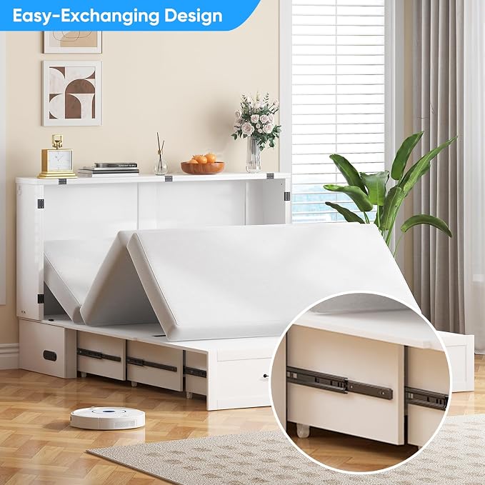 PUREMIND Queen Murphy Bed Cabinet, Multi-Functional Hideaway Cabinet Bed with Storage Drawer, USB Charging Ports and Folding Bedside Panel, Space Saving Chest Beds Wallbed for Guest Room, No Mattress