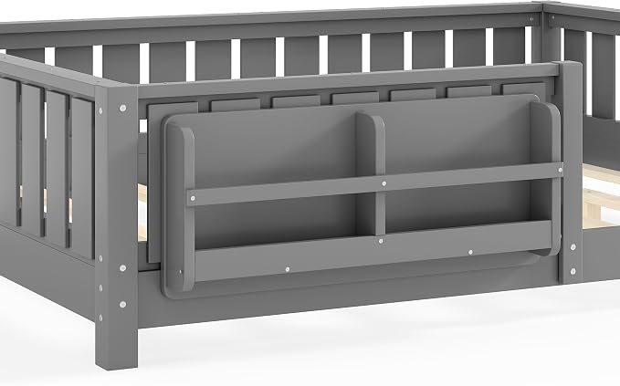 Bellemave Full Size Floor Bed with Slats and Guardrails, Full Size Montessori Floor Bed with Bookcase and Fence, Low Profile Montessori Beds for Kids, Gray Floor Beds Frame