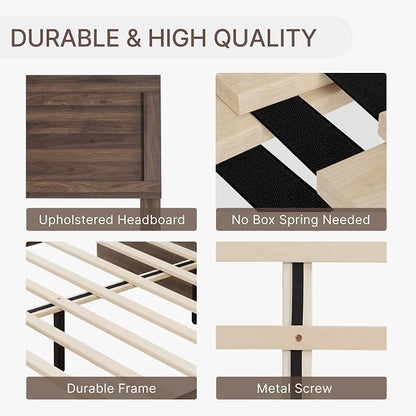 KISLOT 3 Pieces Bedroom Set, Wood Bed Frame with Upholstered Headboard & 2 Nightstands with Storage, Wooden Platform Mattress Foundation Farmhouse Bedroom Furniture Set