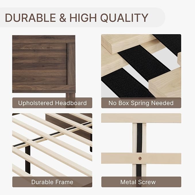 KISLOT 3 Pieces Bedroom Set, Queen Size Wood Platform Bed Frame and 2 Nightstands, Storage Nightstand with Type-C Charging Port, Farmhouse Bedroom Furniture Set