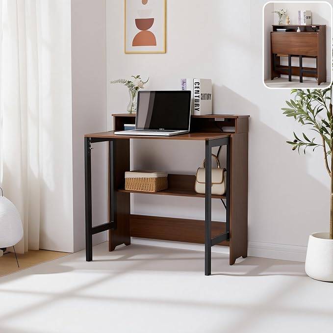 Fold Out Desk with Power Outlets, Small Foldable Table with Storage Shelf,Space-Saving Hidden Desk for Bedroom, Living Room & Office (Walnut)