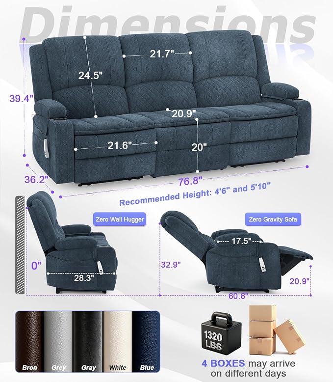 Power Loveseat Recliner Sofa, Removable Armrest 3 Seats Power Reclining Loveseat with Remote Liftable Console, Wall Hugger RV Theater Seating with Storage & USB & RGB (Fabric, Blue)