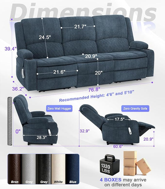 Power Loveseat Recliner Sofa, Removable Armrest 3 Seats Power Reclining Loveseat with Remote Liftable Console, Wall Hugger RV Theater Seating with Storage & USB & RGB (Fabric, Blue)