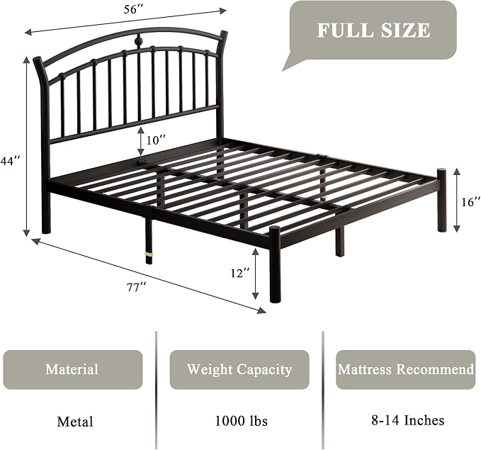 Feonase Full Black Bed Frame, Heavy-Duty Metal Bed Frame with 13 Hardened Steel Slats, 12" Under-Bed Storage, Noise-Free, Easy Assembly