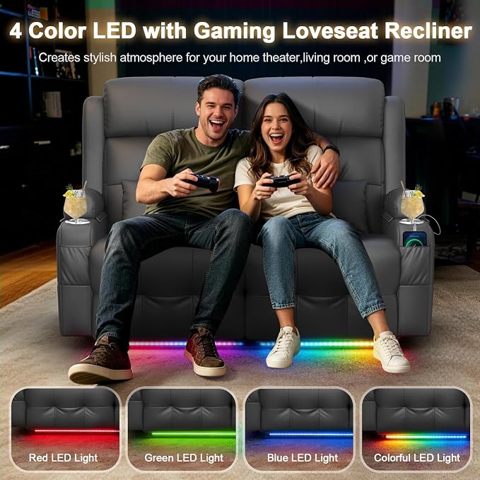 Power Reclining Loveseat with Massage & Heat,Wall Hugger Home Theater Seating with LED Lights,USB & Type-C Ports, Ideal for RV, Home Theater and Game Room,Gray,2 Seats