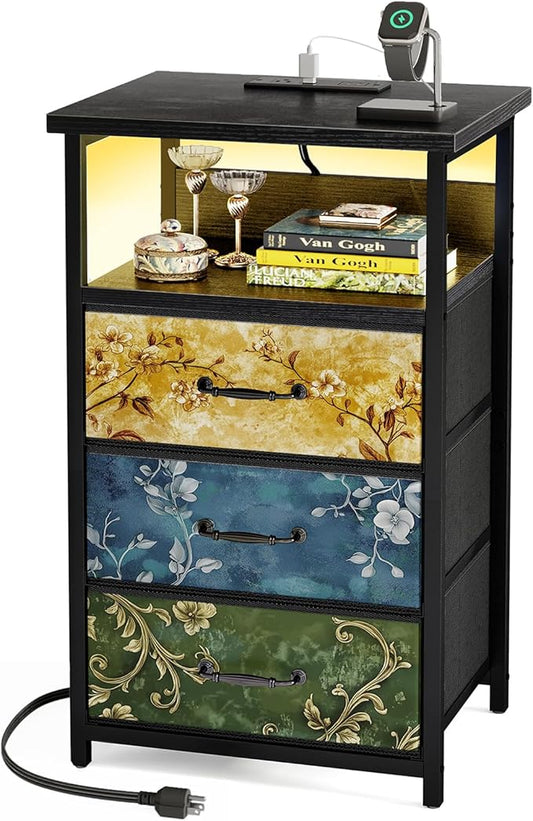Fixwal Night Stand with Charging Station, LED Nightstand with U-S-B Ports and Outlets, 3 Fabric Storage Drawers with PU Finish, Bedside Table, Vintage Flower
