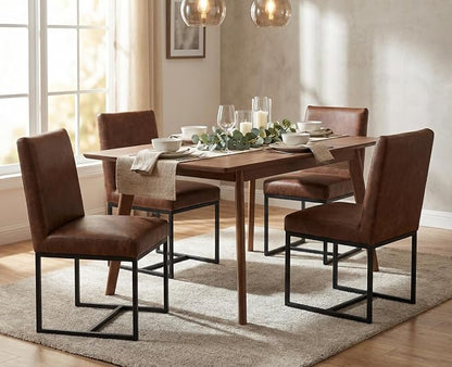 CIMOTA Modern Dining Chairs Set of 4, Leather Dining Room Chairs Upholstered Mid Century Armless Guest Side Chair with Black Base for Dining Room/Kitchen, Vintage Brown 4PCS