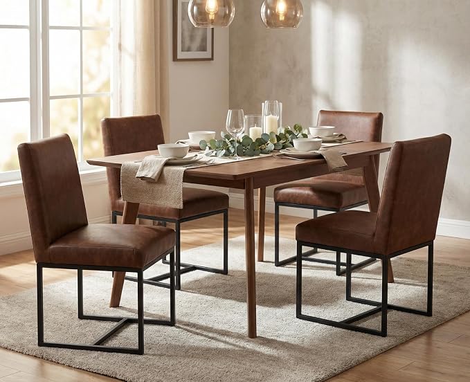 CIMOTA Modern Dining Chairs Set of 2, Leather Dining Room Chairs Upholstered Mid Century Armless Guest Side Chair with Black Base for Dining Room/Kitchen, Vintage Brown 2PCS