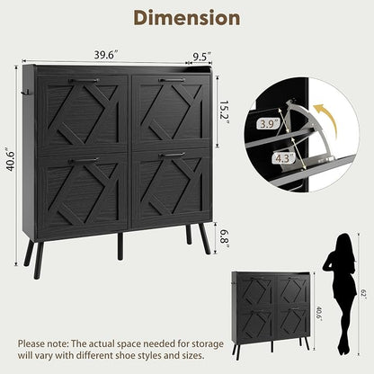 Nicetree Shoe Cabinet with 4 Flip Drawers, Hidden Shoe Rack Cabinet with Metal Legs, Farmhouse Narrow Shoe Storage Cabinet for Entryway, Foyer, Hallway, Black