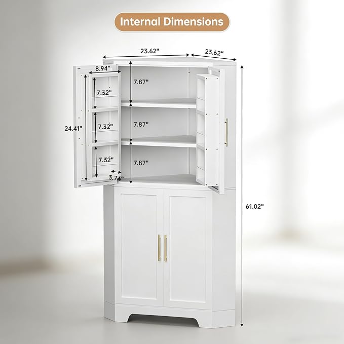 Corner Cabinet, Metal Storage, Kitchen Pantry Cabinet with Adjustable Shelves & Spice Rack, Tall Freestanding Corner Pantry with Shaker Doors & Gold Handles for Kitchen, Bathroom, Living Room (White)