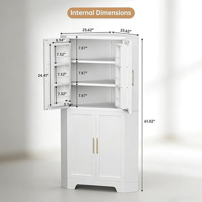 Corner Cabinet, Metal Storage, Kitchen Pantry Cabinet with Adjustable Shelves & Spice Rack, Tall Freestanding Corner Pantry with Shaker Doors & Gold Handles for Kitchen, Bathroom, Living Room (White)