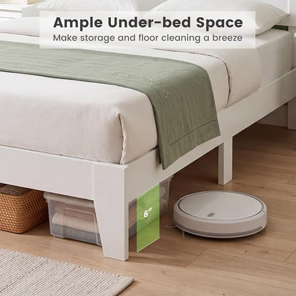 KOMFOTT Full Size Bed Frame, Modern Platform Bed with Headboard, Wooden Slat Support Mattress Foundation, Under-Bed Storage Space, No Box Spring Needed (White,Full)