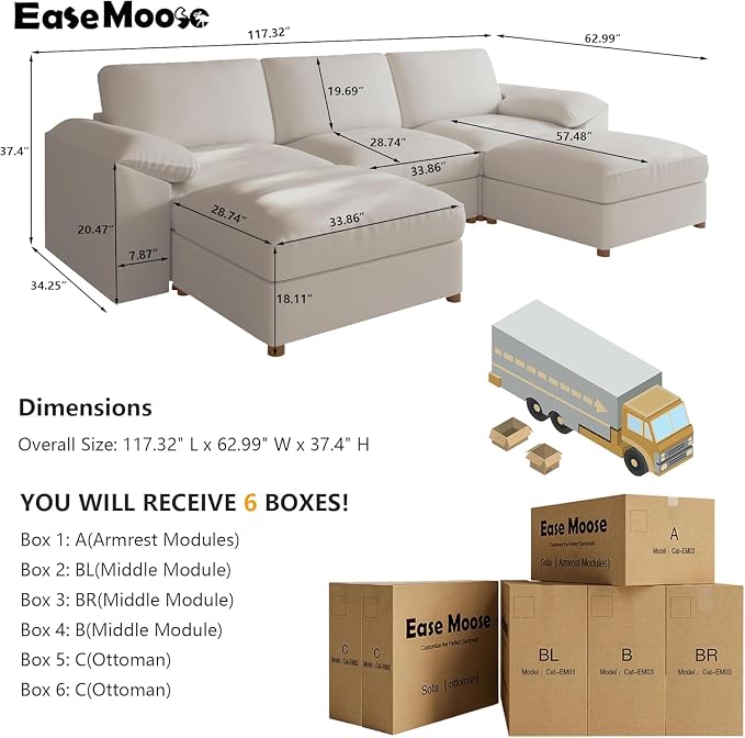 EASE MOOSE Oversized Faux Leather Modular Sofa with Deep Seat,Extra Large Sectional U Shaped Couch for Living Room,Comfy Scratch Resistant Couch,Modern Sofas with Ottoman,Beige