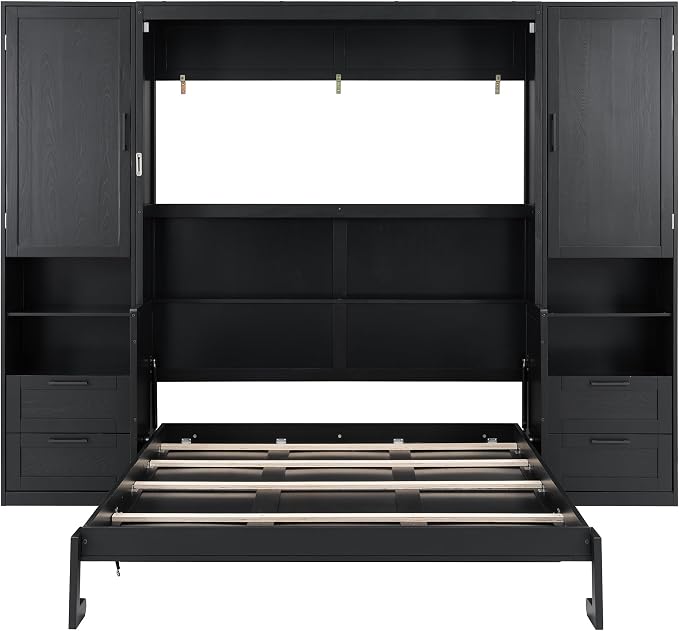 Merax Queen Size Murphy Bed with Desk, Multifunctional Foldable Wall Bed with Closet, Drawers and Shelves, Space-Saving Wood Bed Frame for Small Space Studio Study Office Guest Room, Black(Oak Veneer)