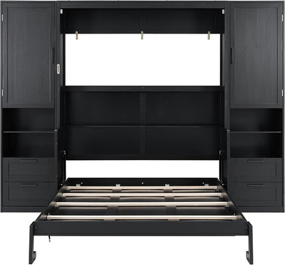Merax Queen Size Murphy Bed with Desk, Multifunctional Foldable Wall Bed with Closet, Drawers and Shelves, Space-Saving Wood Bed Frame for Small Space Studio Study Office Guest Room, Black(Oak Veneer)