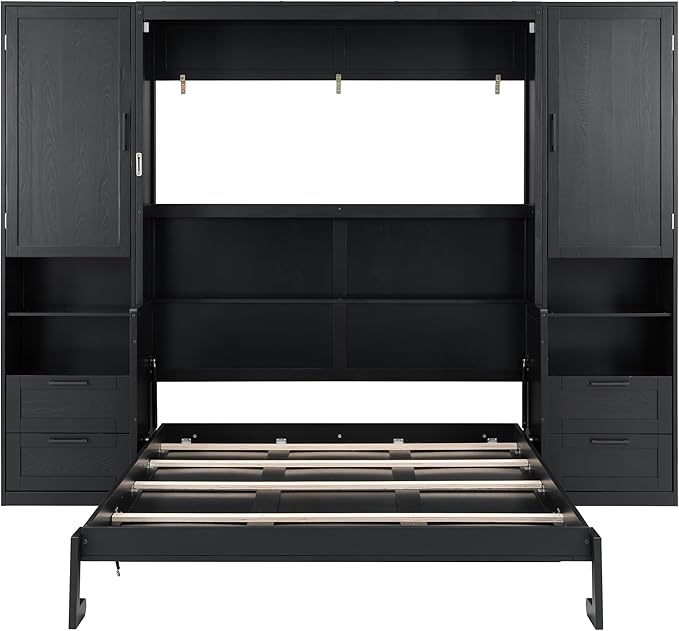 Merax Queen Size Murphy Bed with Desk, Closet, Drawers and Shelves, Fold into The Wall, Space-Saving Foldable Wood Platform Bed Frame for Small Spaces Studio Study Office Guest Room, Black(Oak Veneer)