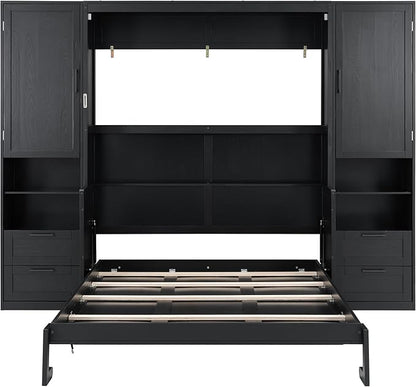 Merax Queen Size Murphy Bed with Desk, Closet, Drawers and Shelves, Fold into The Wall, Space-Saving Foldable Wood Platform Bed Frame for Small Spaces Studio Study Office Guest Room, Black(Oak Veneer)