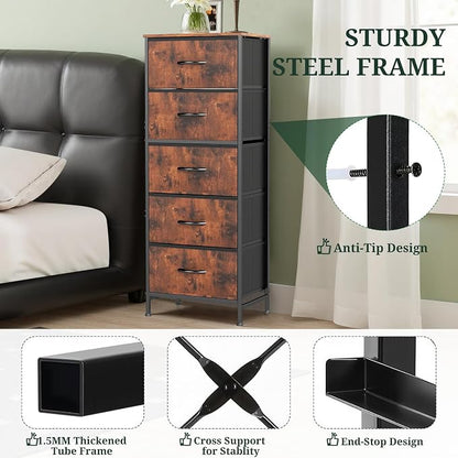 5 Drawers Dresser for Bedroom, Fabric Storage Tower Organizer with Wooden Top and Steel Frame, Tall Chest of Drawers for Closet, Entryway, Dorm, Brown