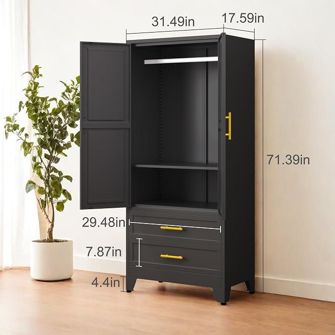 PAOFIN Black 71" Metal Armoire Wardrobe Closet, Bedroom Clothing Storage Cabinet with 2 Drawers and Hanging Rod, Freestanding Armoire Cabinet with Adjustable Shelves