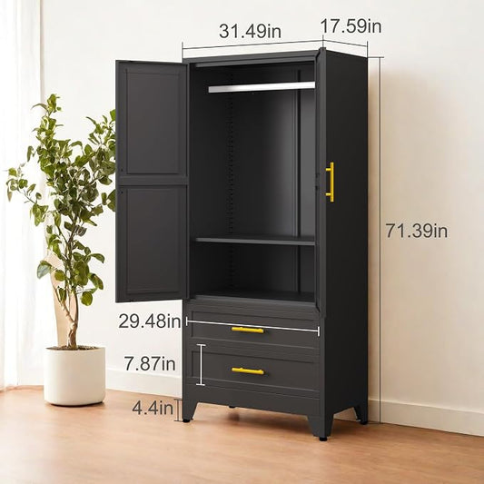 PAOFIN Black 71" Metal Armoire Wardrobe Closet, Bedroom Clothing Storage Cabinet with 2 Drawers and Hanging Rod, Freestanding Armoire Cabinet with Adjustable Shelves