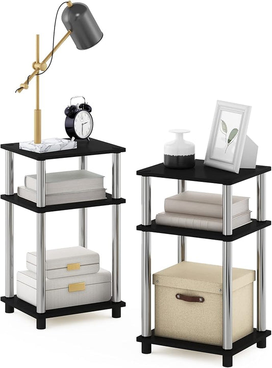 Furinno JUST Side Table Set of 2, 3-Tier Modern End Tables, Open Shelves Night Stand, Nightstand Set, Toolless Assembly, for Living Room, Bedroom, Americano/Stainless Steel