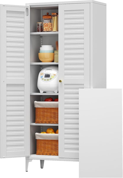 63.6" White Metal Pantry Storage Cabinet, Farmhouse Kitchen Cupboard with 3 Adjustable Shelves, Magnetic Closure, Anti-Tip Kit & Raised Legs for Kitchen, Living Room, Assembly Required